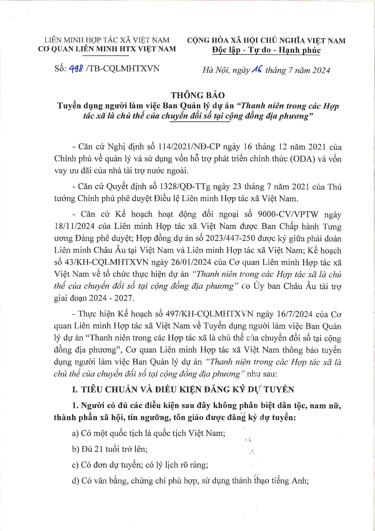 Thông báo tuyển dụng người làm việc Ban quản lý Dự án “Thanh niên trong các Hợp tác xã là chủ thể của chuyển đổi số tại cộng đồng địa phương” 